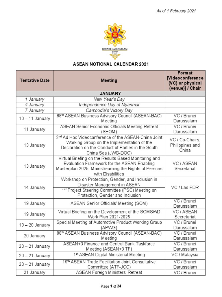 ASEAN Notional Calendar 2021 As of 1 Feb 2021 For Circulation PDF