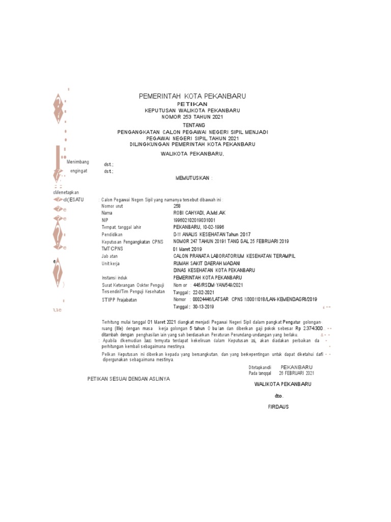 Pengangkatan CPNS Kota Pekanbaru 2021 | PDF
