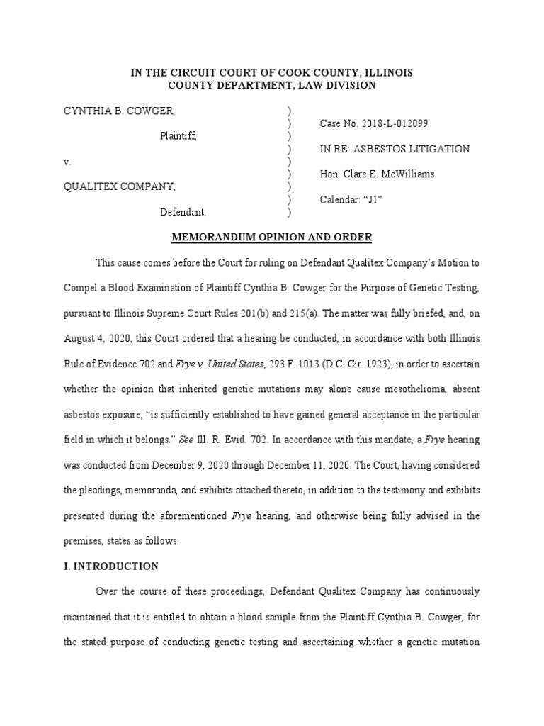 Cowger Genetic Testing Memorandum Opinion and Order, and Attached Draft  Orders Proposed by Each Party | PDF | Expert Witness | Mutation