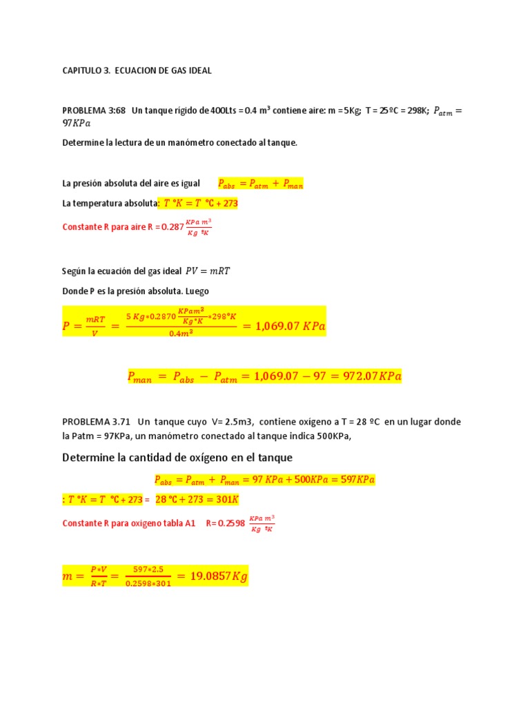 Capitulo 3 Problemas Ecuacion de Gas Ideal | PDF | Gases | Materiales ...