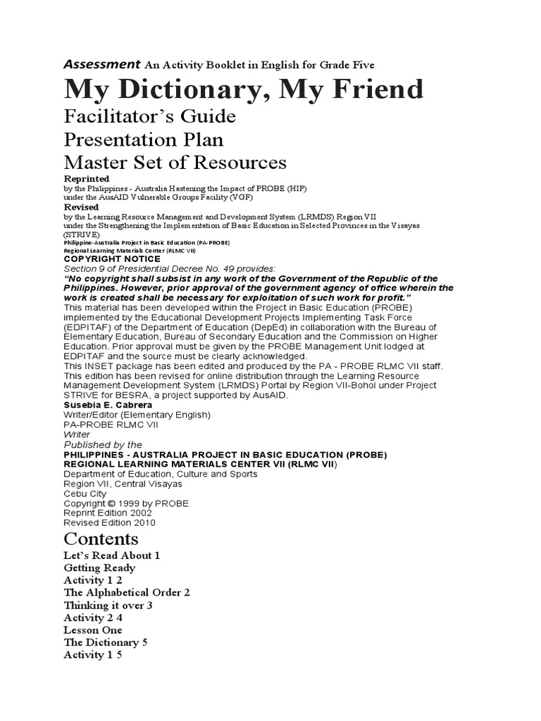 My Dictionary, My Friend Facilitator's Guide Presentation Plan Master