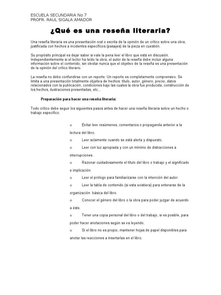 ¿Qué es una reseña literaria?: Escuela Secundaria No 7 Profr. Raul ...