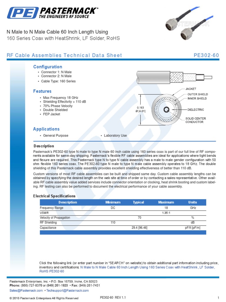 Technical Specifications and Performance Data for a 60 Inch N Male to N