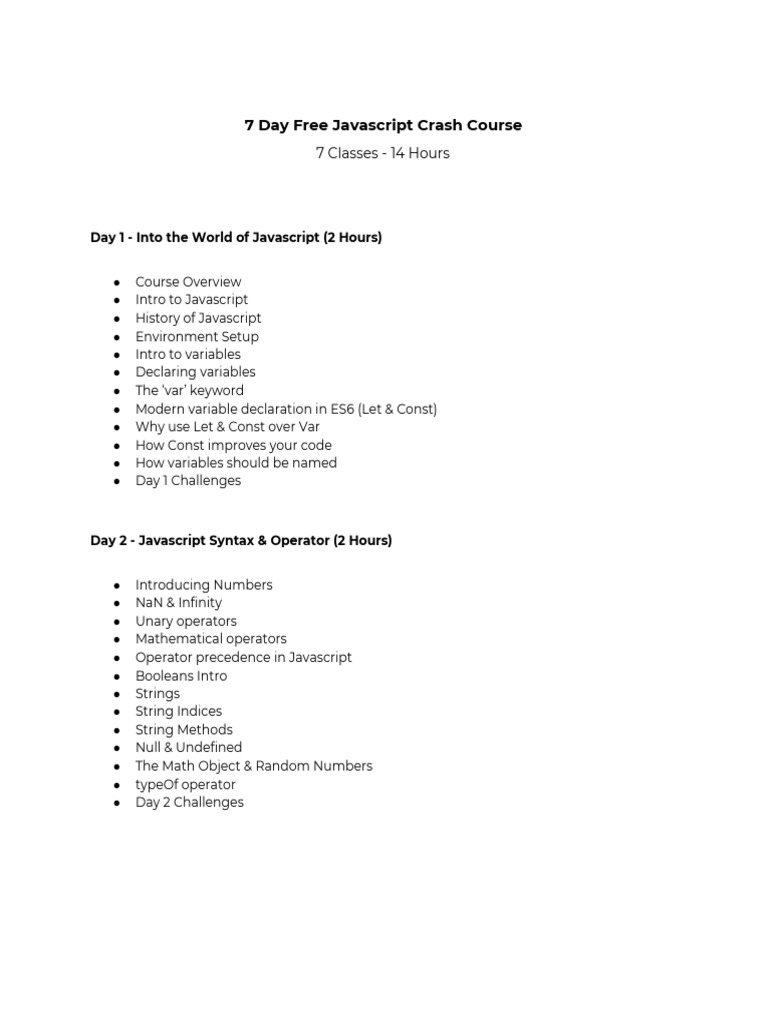 7 Day Free Javascript Crash Course: 7 Classes - 14 Hours | PDF | Java ...