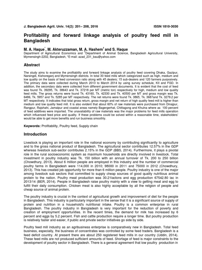Profitability and Forward Linkage Analysis of Poultry Feed Mill in