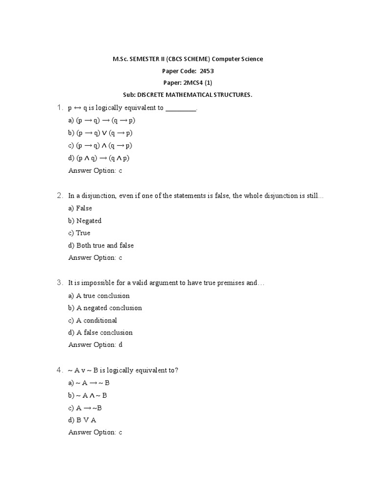 M sc semester ii cbcs scheme computer science discrete mathematical