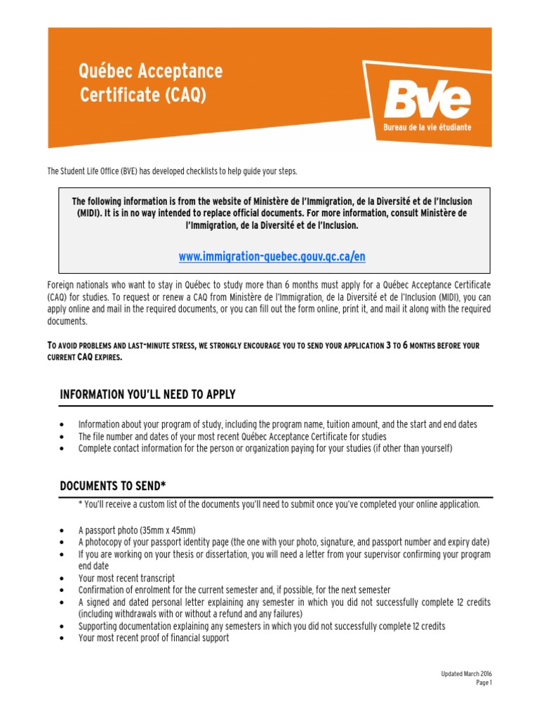 Québec Acceptance Certificate (CAQ) WWW ImmigrationQuebec Gouv