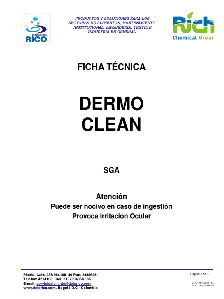 Ficha Técnica de Dermo Clean | PDF | Agua | Química