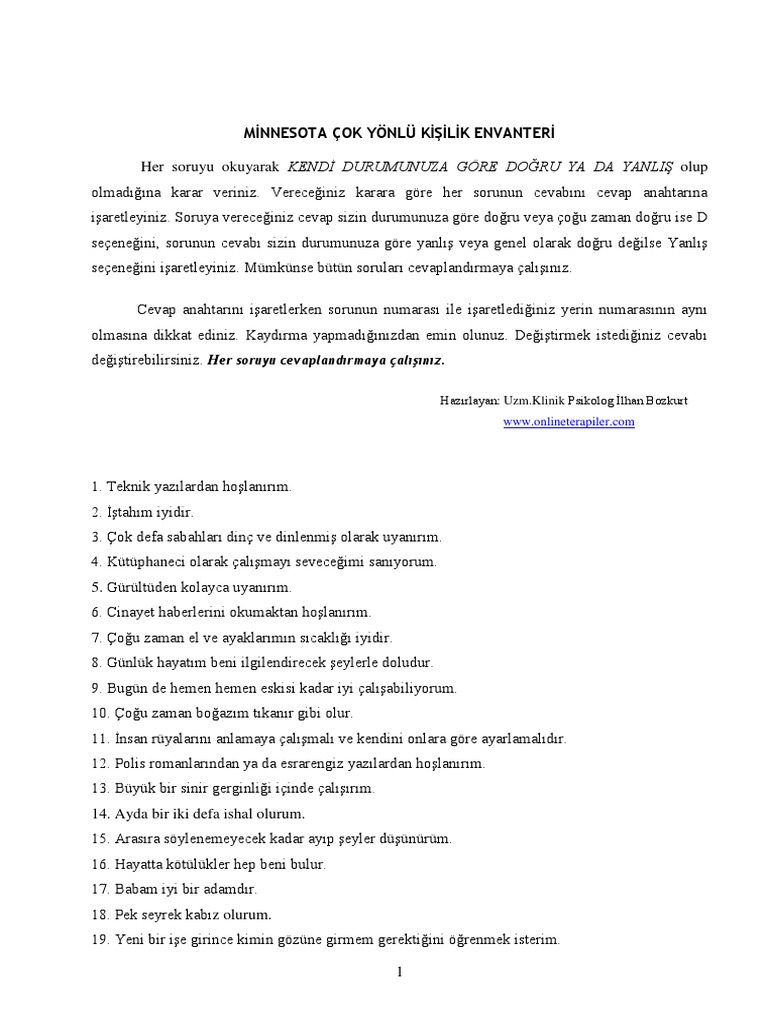 Mmpi Kisilik Testi Sorulari | PDF