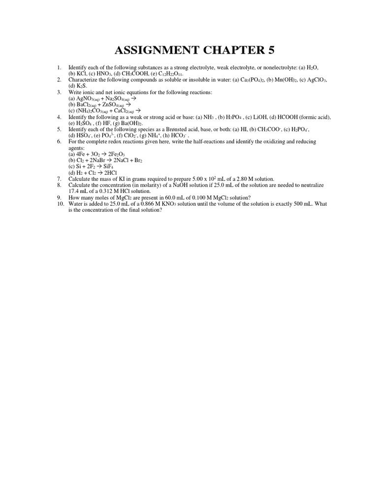 Electrolytes and Reactions Assignment | PDF