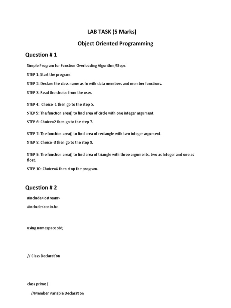 LAB TASK (5 Marks) Object Oriented Programming Question # 1 | PDF