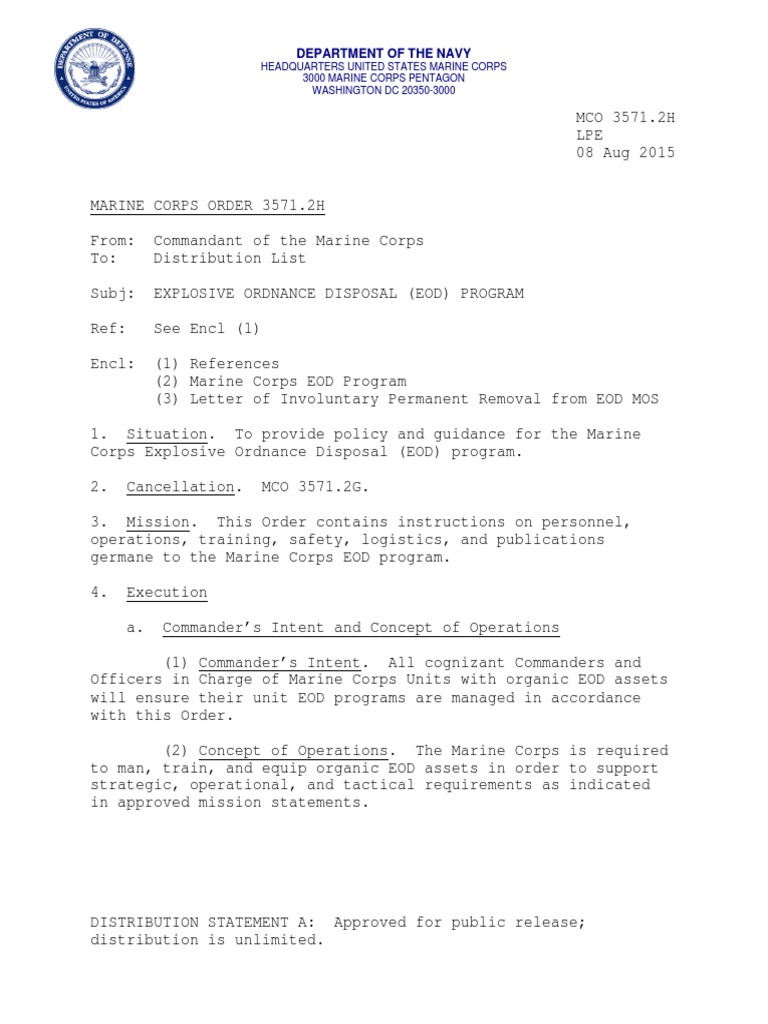 Marine Corps EOD Program Guidelines | PDF | Military | Defense Policy