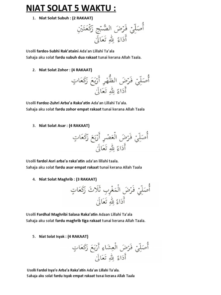 Niat Solat 5 Waktu