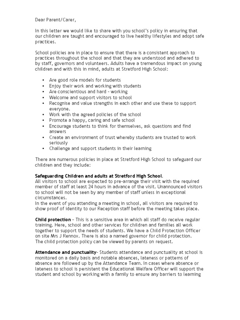 Safeguarding Letter To Parents Child Protection Occupational Safety