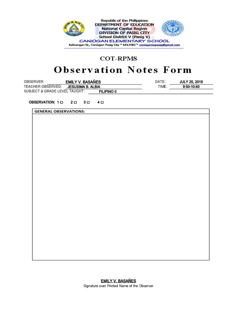 CotObservation Notes Form PDF