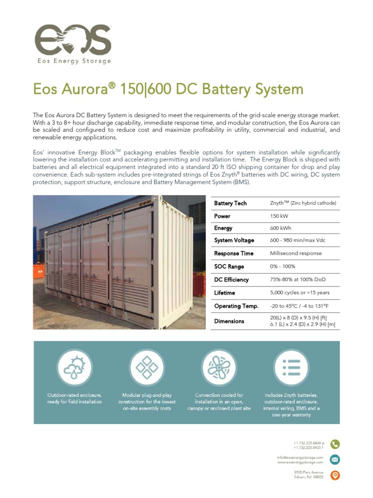 Eos Aurora 150 - 600 DC Battery System: (Zinc Hybrid Cathode) | PDF ...