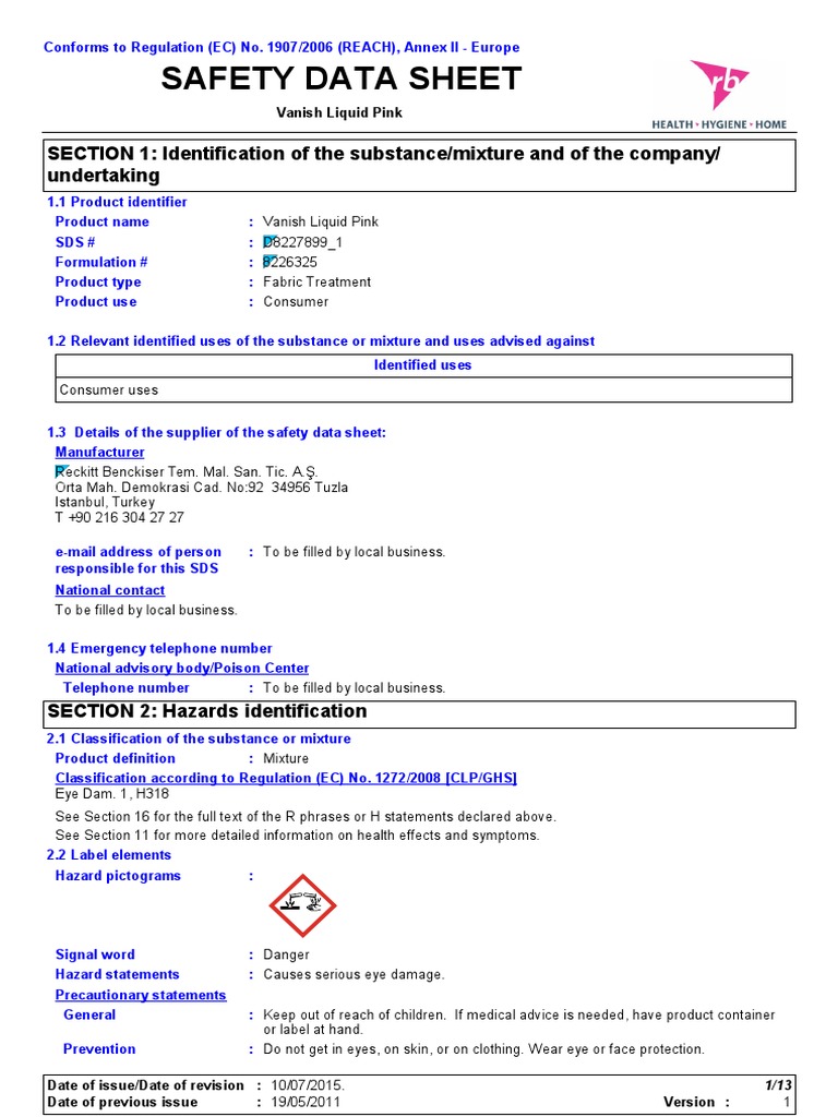 Vanish Liquid Pink Msds PDF Toxicity Personal Protective Equipment
