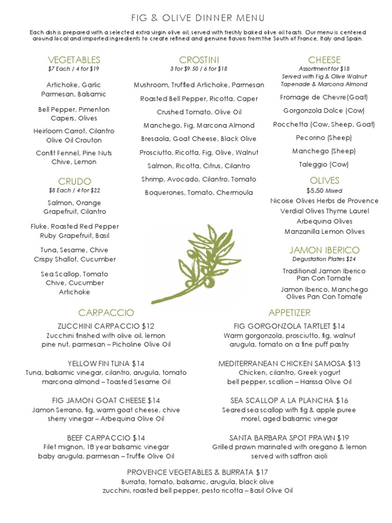 Vegetables Crostini Cheese Fig & Olive Dinner Menu PDF Scallion