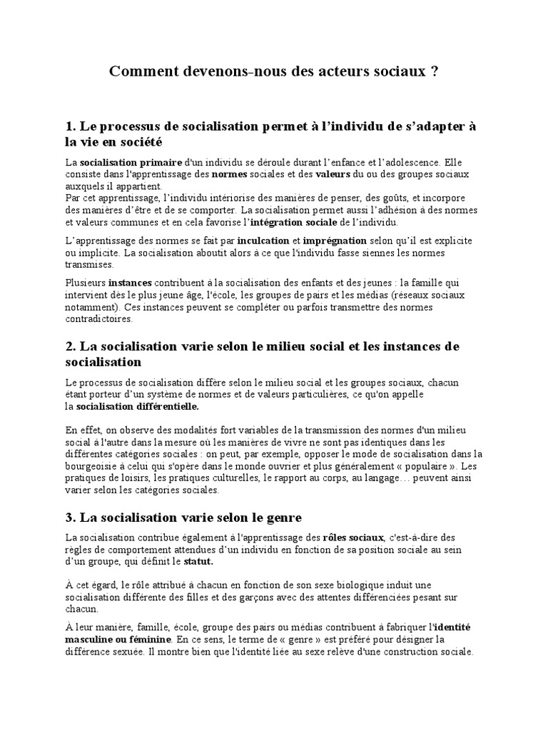 Comment Devenons nous Des Acteurs Sociaux Contrôle Corrigé Cours Comment Devenons-Nous Des Acteurs Sociaux | PDF | Socialisation | Sexe
