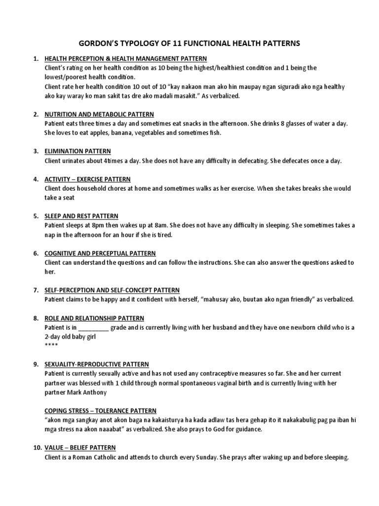 Gordon's Health Patterns Assessment | PDF
