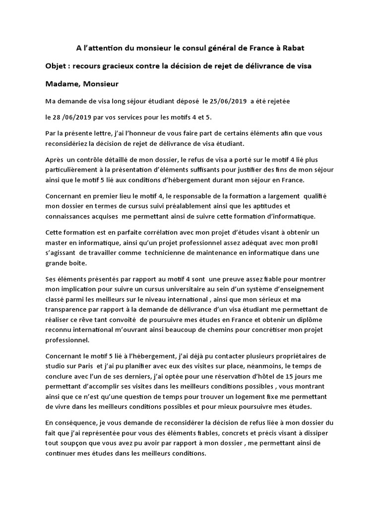 Lettre De Recours Gracieux Pour Refus De Visa Pdf