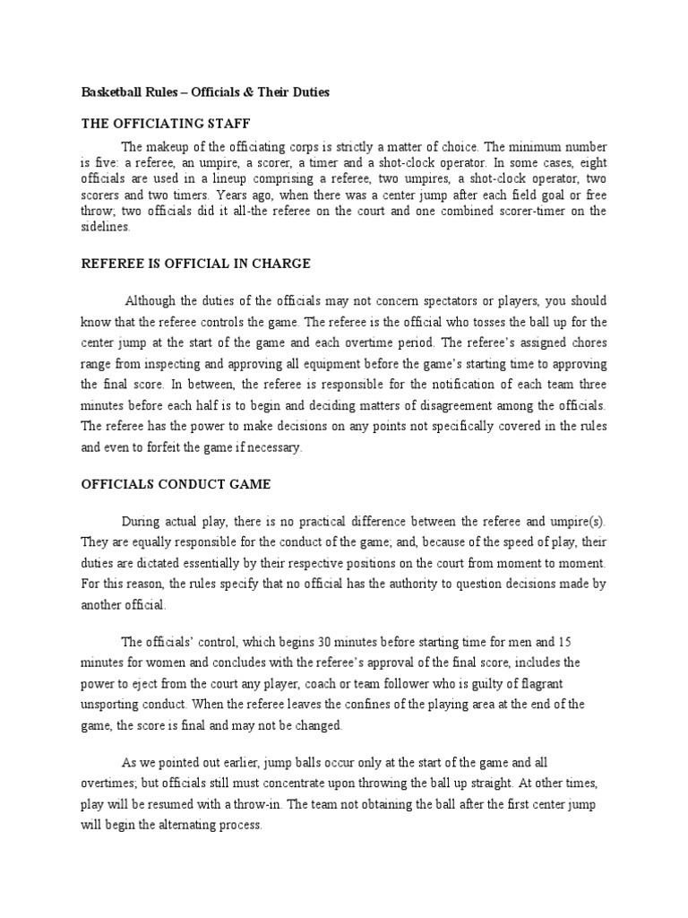 Basketball Rules Officials & Their Duties The Officiating Staff PDF Leisure Rules