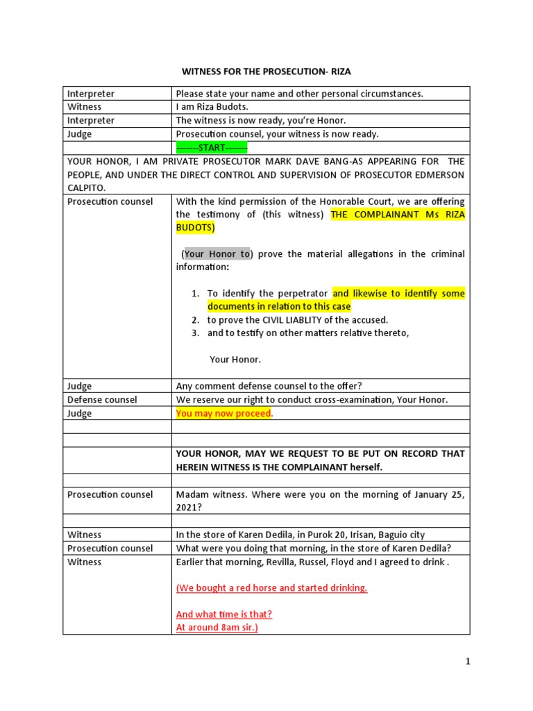 Sample Direct Examination PDF Witness Judge
