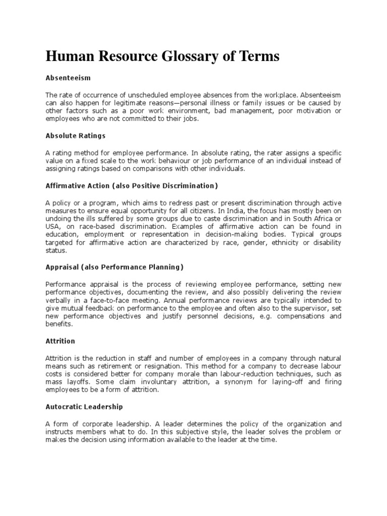 Human Resource Glossary of Terms Absenteeism Download Free PDF