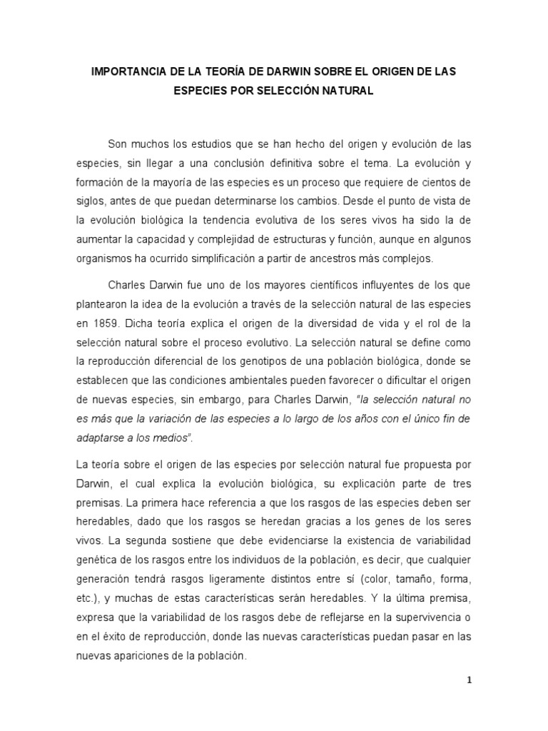 Importancia de la Teoría de Darwin | PDF | Seleccion natural | En el ...