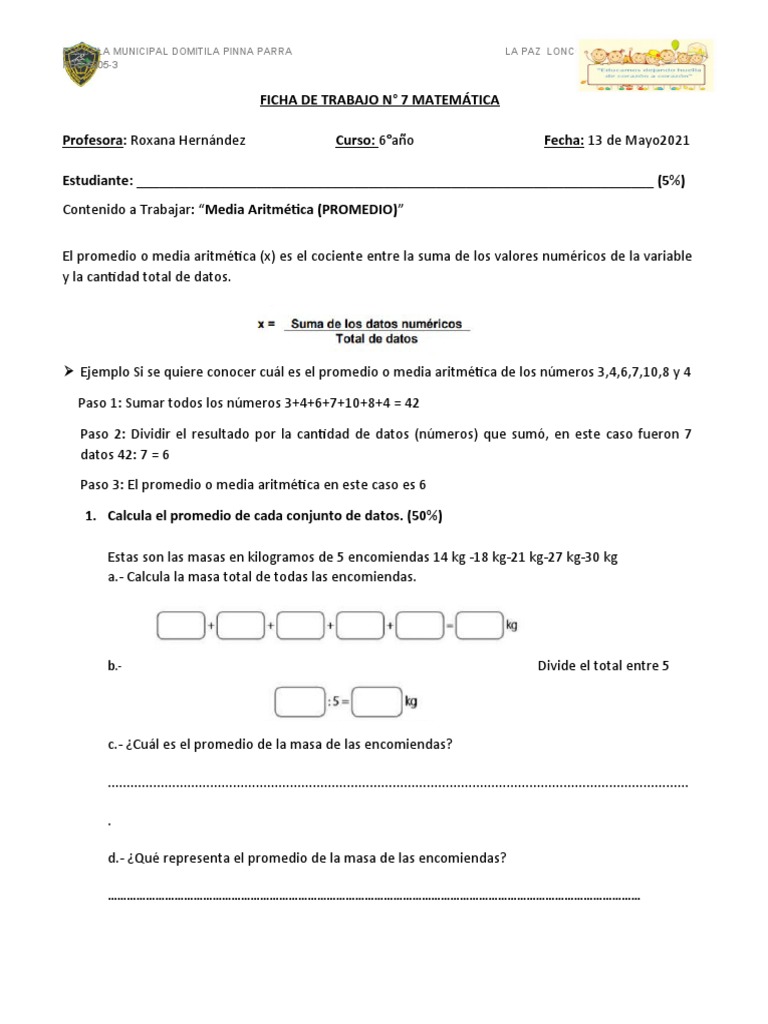 Ejercicios de Media Aritmética 6° Grado | PDF | Números | Enseñanza de ...