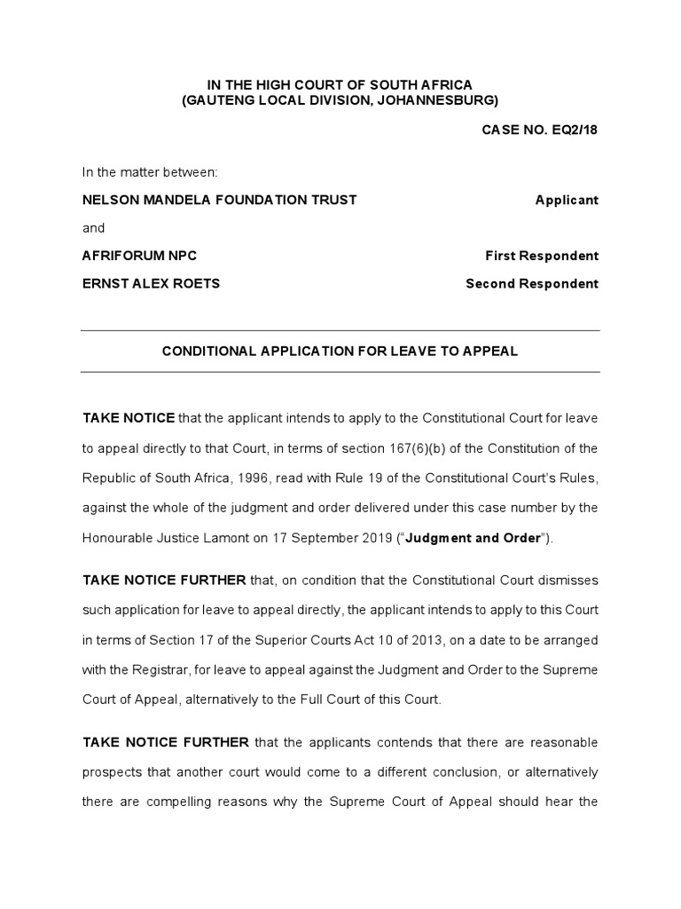 Conditional Application For Leave To Appeal | PDF | Contempt Of Court ...