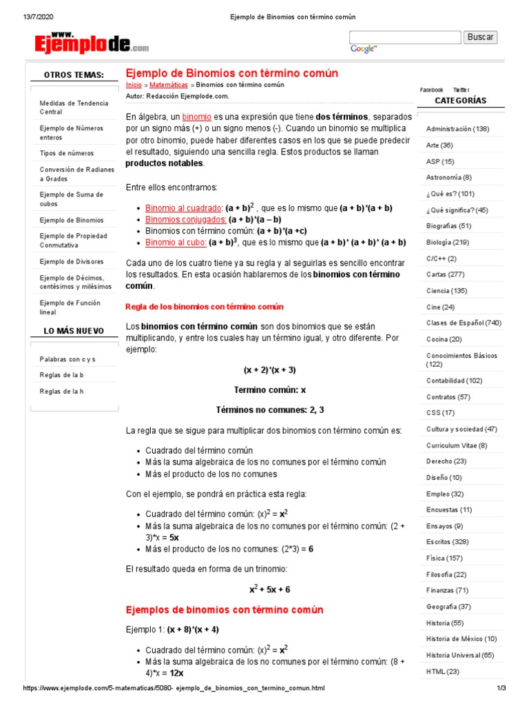 Ejemplo de Binomios Con Término Común | PDF | Álgebra | Enseñanza de ...