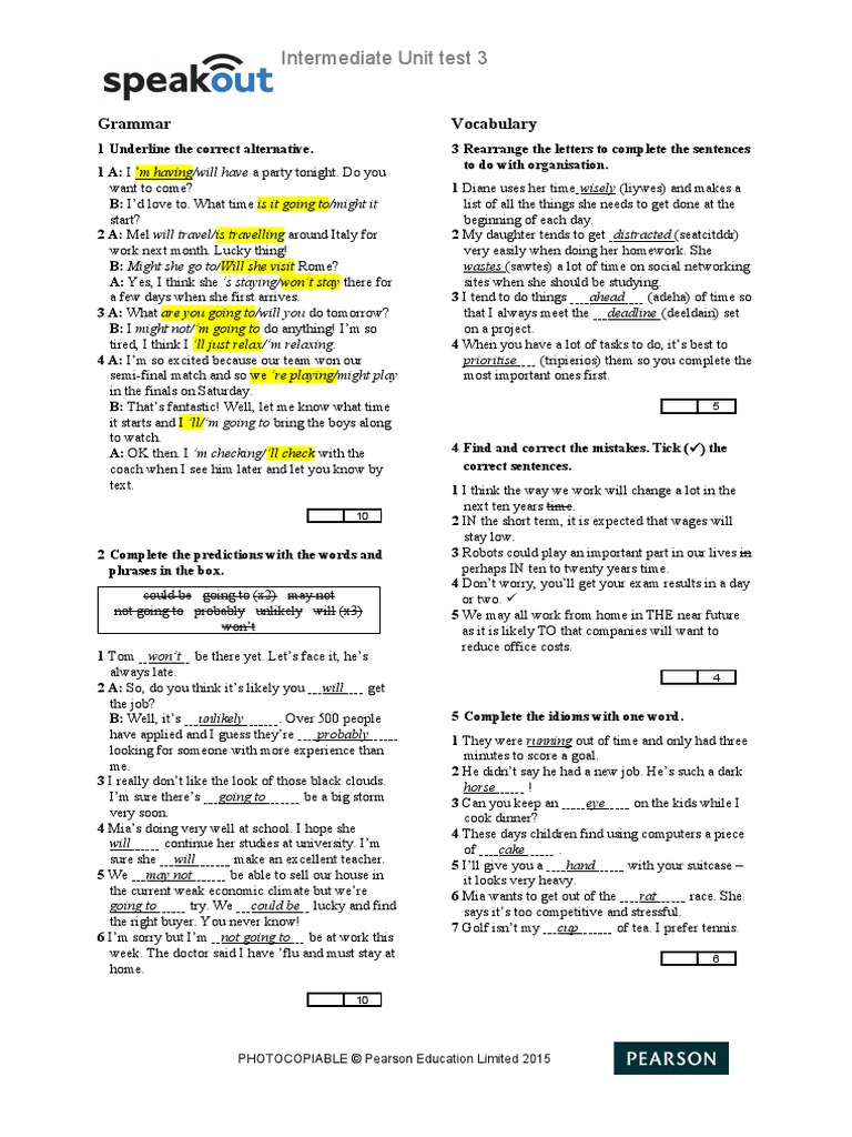 Intermediate Unit Test 3: Grammar Vocabulary | PDF