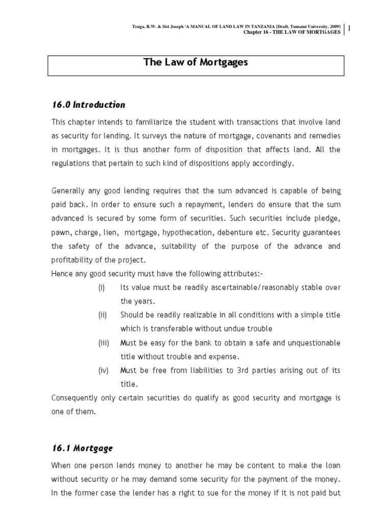 The Law of Mortgages Tenga, R.W. & Sist Joseph A MANUAL OF LAND LAW IN