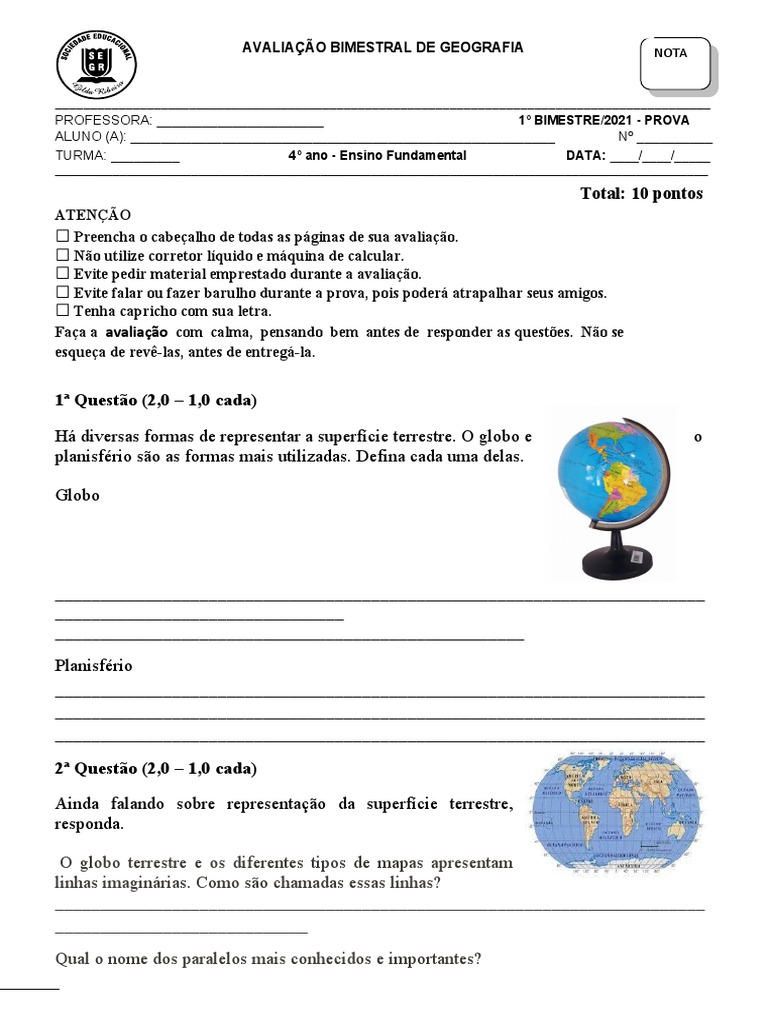 Prova de Geografia - 4º Ano | PDF | Setor terciário da economia | Geografia