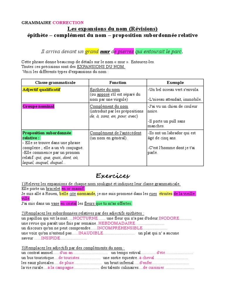 Les Expansions Du Nom Exercices Corrigés 4ème Pdf 002-Expansions Correctionpdf | PDF | Clause | Linguistique