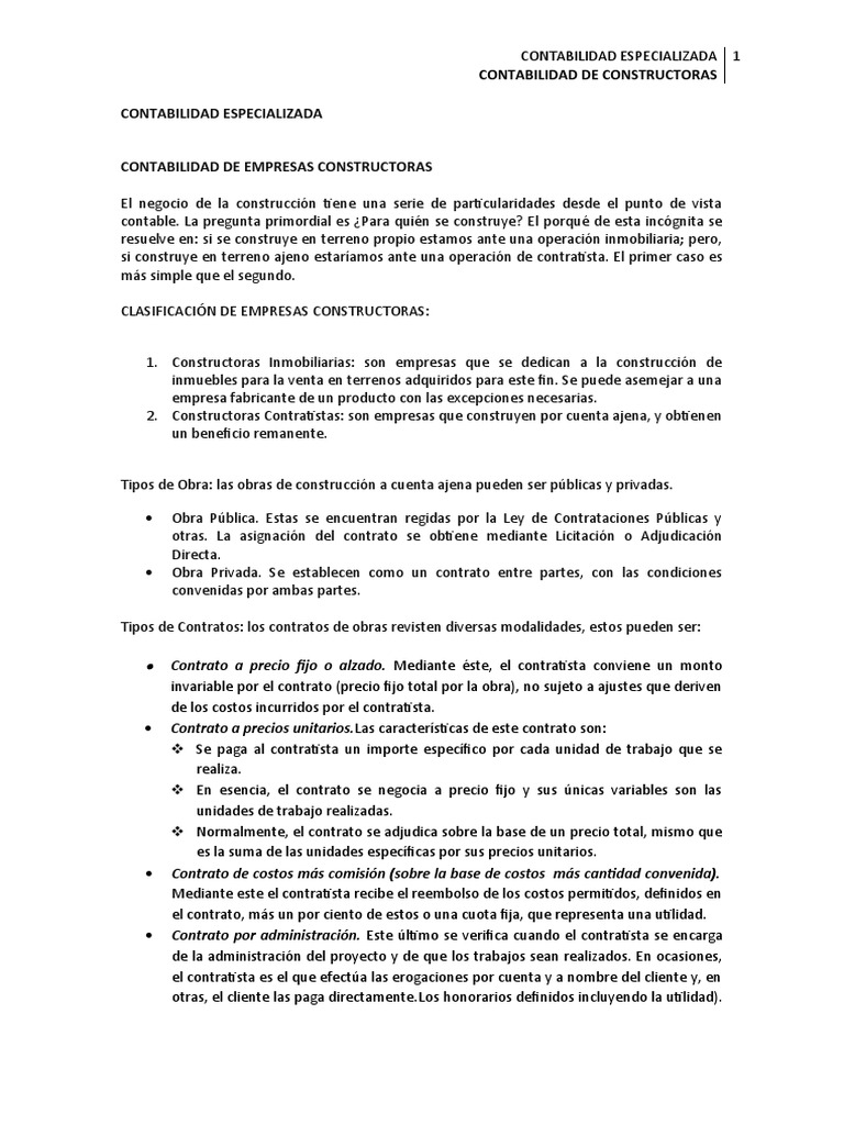 Contabilidad De Constructoras Pdf Contratista General Contabilidad