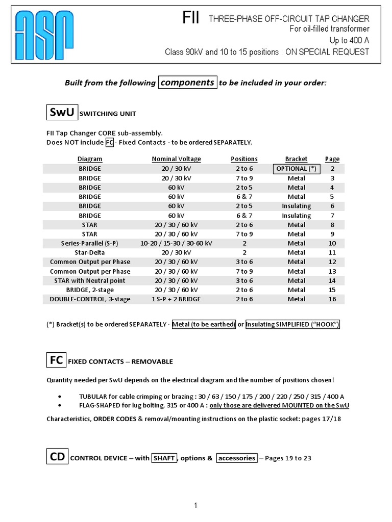 Three-Phase Off-Circuit Tap Changer Technical Specifications and ...