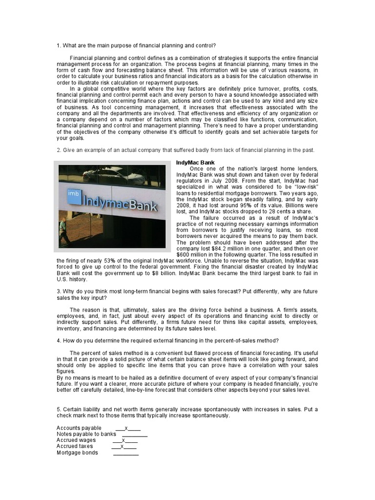 What Are The Main Purpose of Financial Planning An PDF Indy Mac