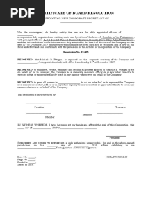 Certificate of Board Resolution: Appointing New Corporate Secretary of