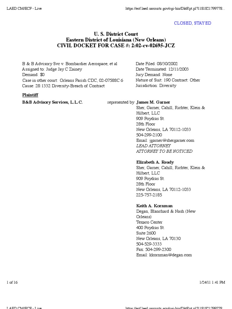 B & B ADVISORY SVC v. BOMBARDIER AEROSPACE, et al Docket Summary