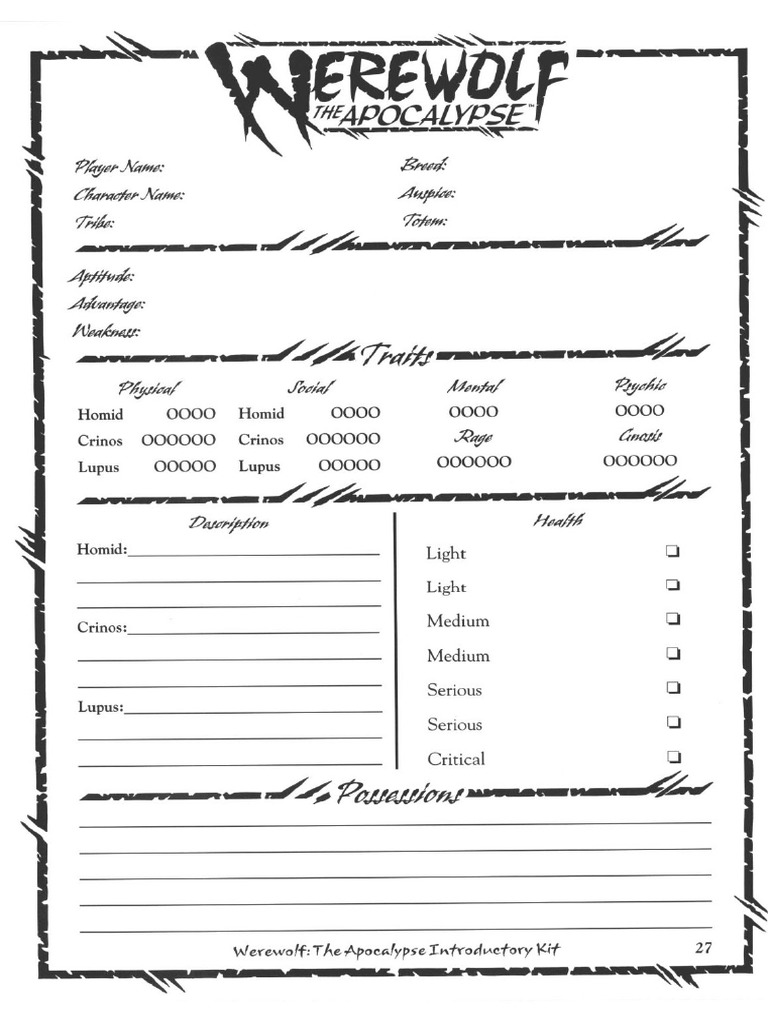 Werewolf - The Apocalypse Free Introductory Kit - Sheet | PDF