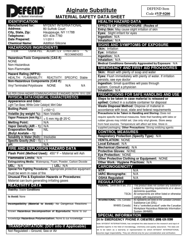 Defend Alginate Substitute Mint MSDS 112011 Fires Properties Of