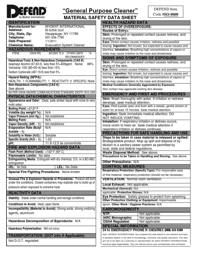 Defend Gen Purpose Cleaner MSDS 112011 PDF Water Ventilation