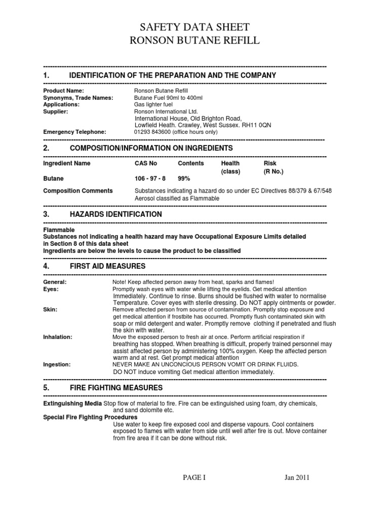 Ronson Butane Refill MSDS 1-1-2011 | PDF | Carbon Dioxide | Dangerous Goods