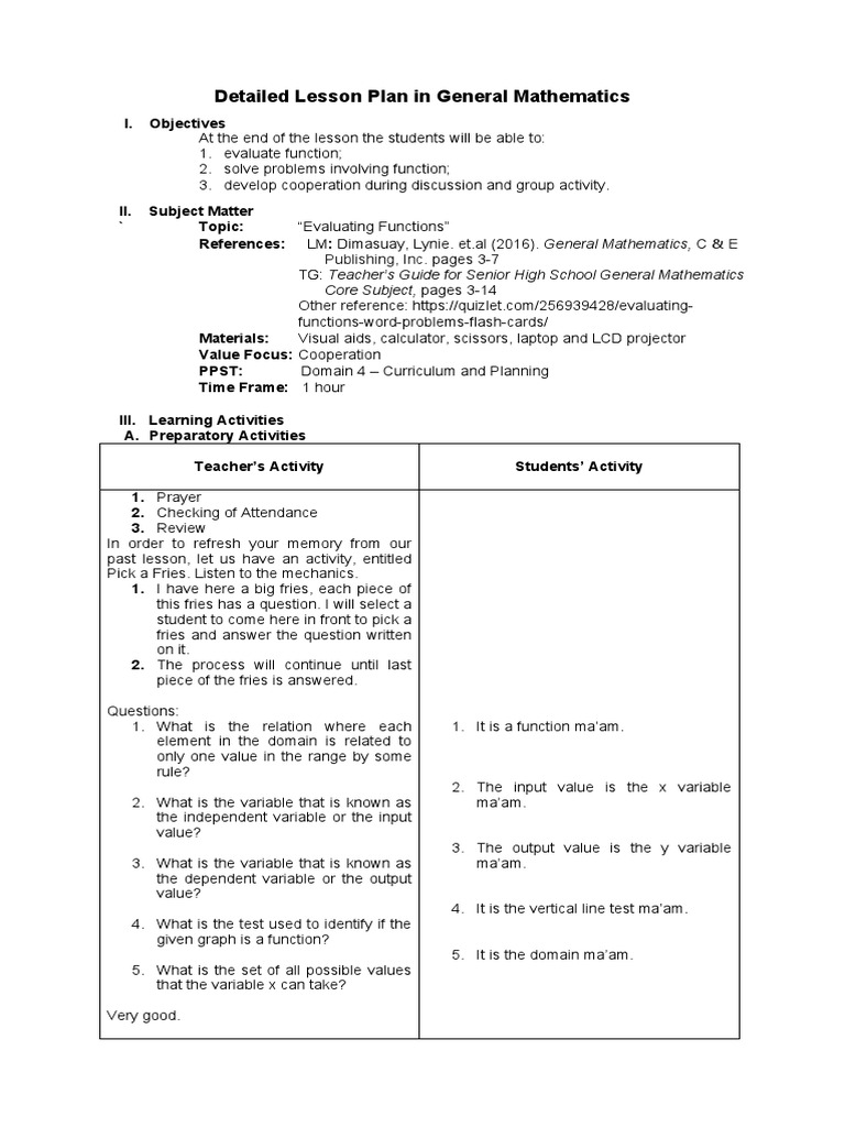 Grade 11 Functions Lesson Plan | PDF | Function (Mathematics) | Lesson Plan