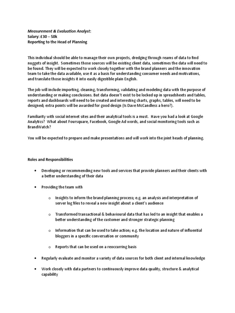 Measurement & Evaluation Analyst Role | PDF | Analytics | Intelligence ...