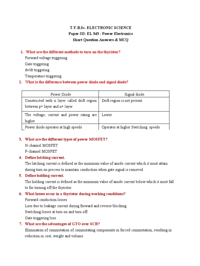 Power Electronics MCQ & Short Qa PDF Power Inverter Power Supply