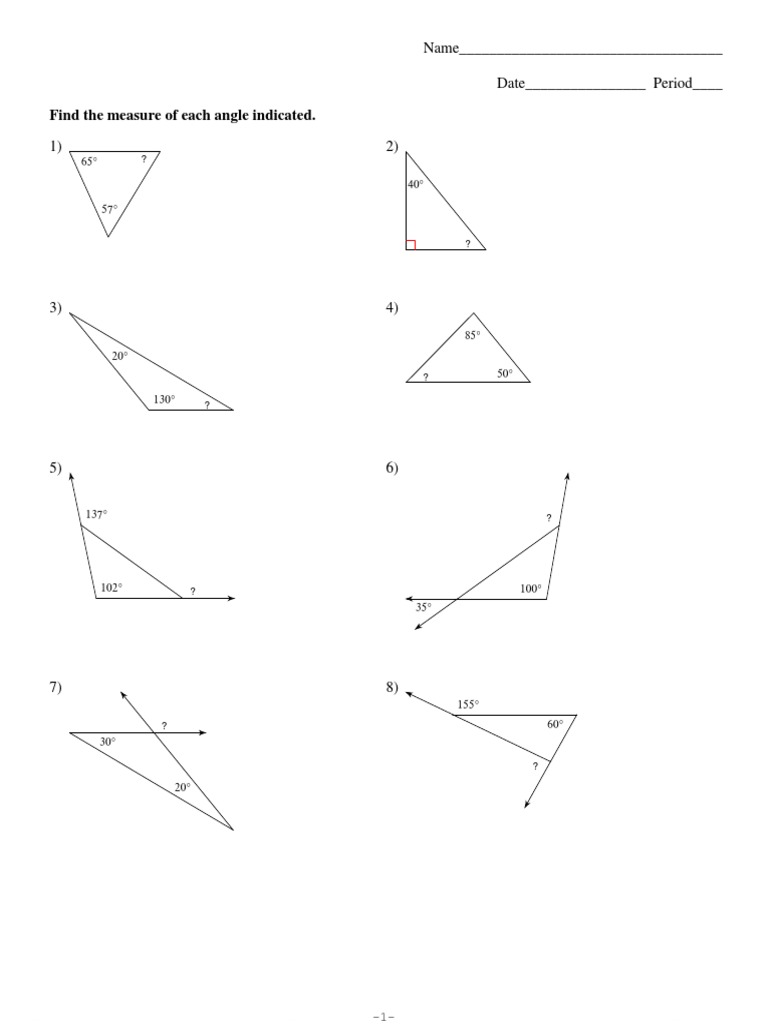 Find The Measure of Each Angle Indicated.: Name - Period - Date | PDF ...