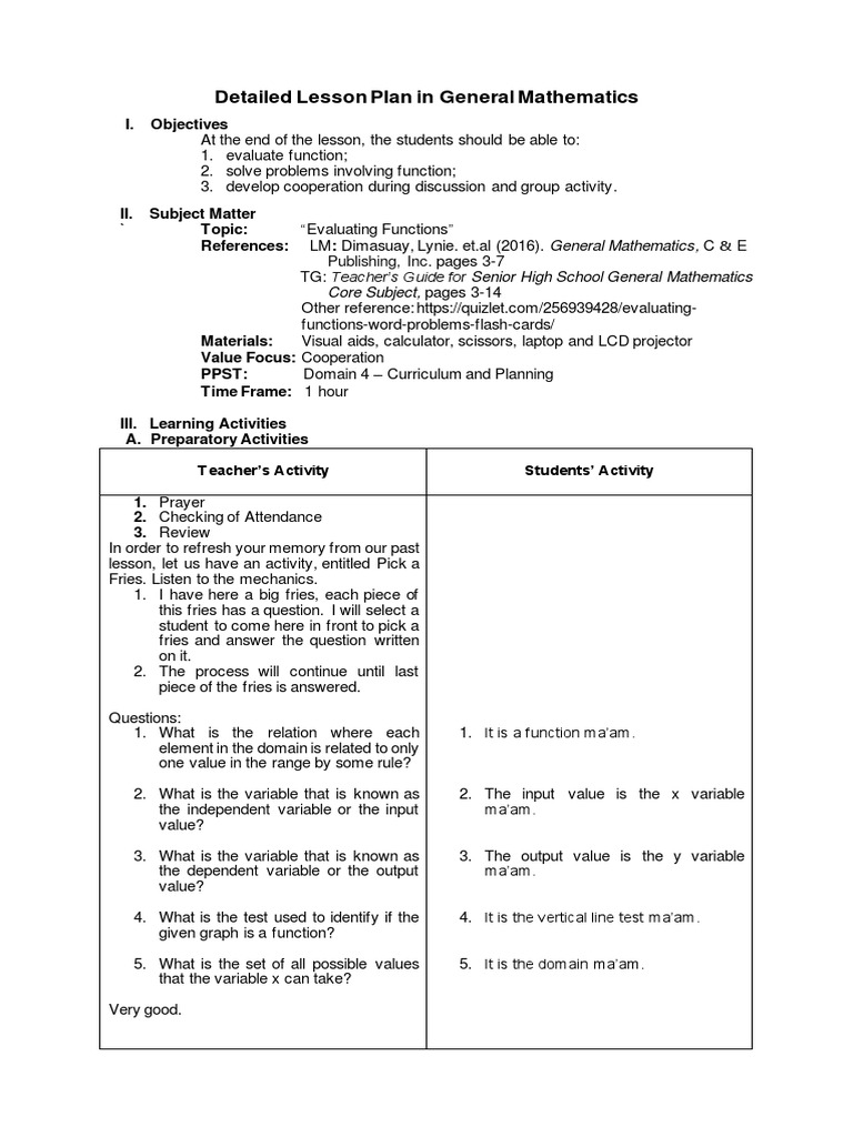 Evaluating Functions Lesson Plan | PDF | Function (Mathematics) | Cognition